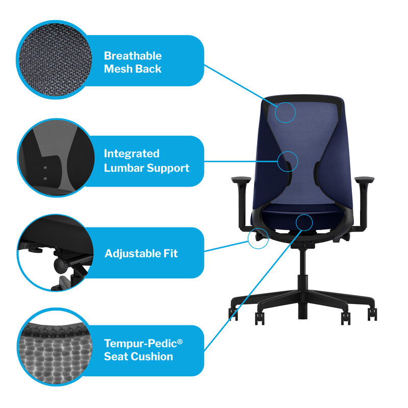 ergonomic Tempur-Pedic office chair in deep blue with breathable mesh back, adjustable fit, integrated lumbar support and tempur-pedic seat cushion image number null
