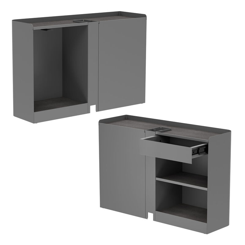 two cubbies in a white back ground with opened drawer image number null