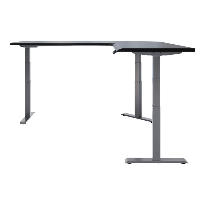 side view of an L-shape electric standing desk with a black finish top and slate legs image number 2