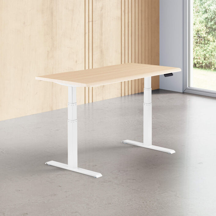 light wood finish standing desk top with white legs in a open office image number 0