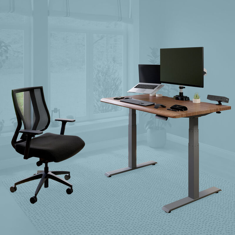bundle includes electric standing desk a dual monitor and laptop stand with task chair and power hub image number null
