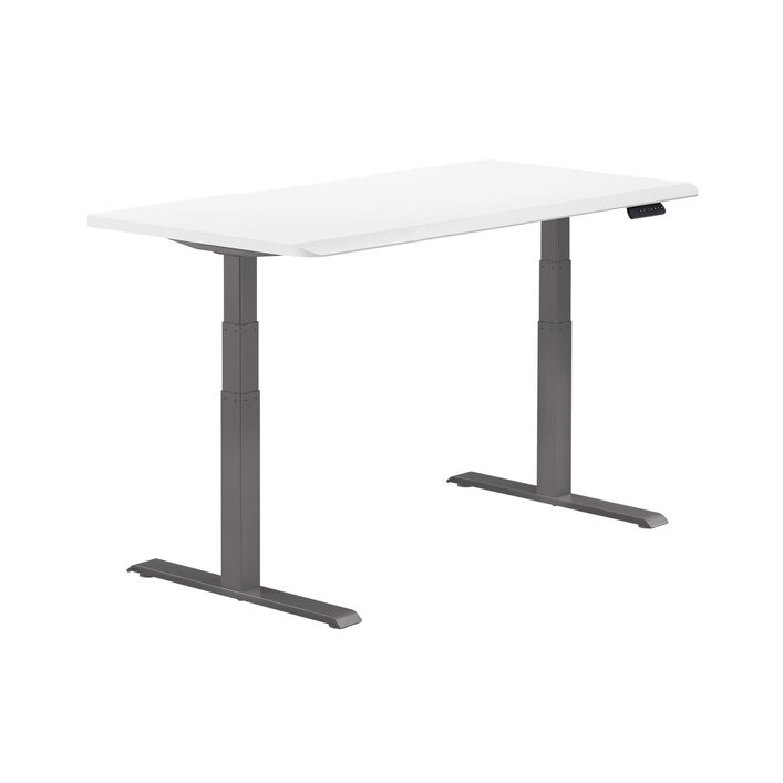isolated image of a electric standing desk with a white fininish top and slate legs image number 1