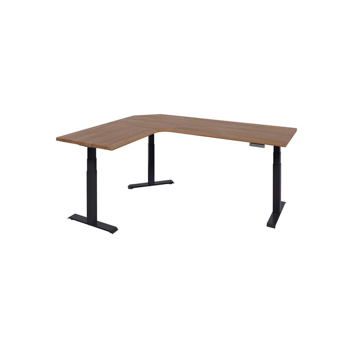 isolated image of a L-shape electric standing desk with a walnut finish top and black legs image number 1