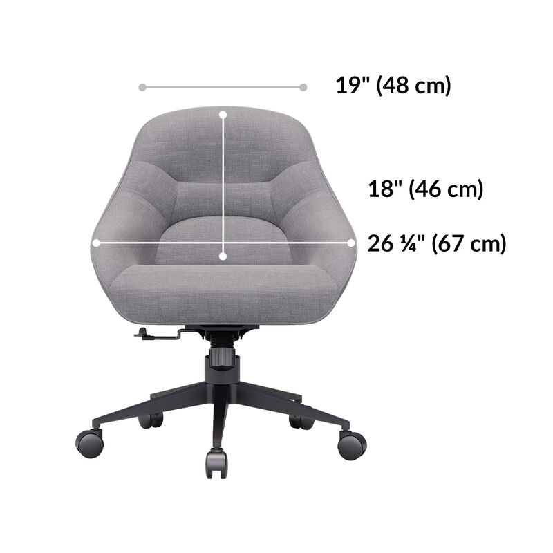 upholstered desk chair in sterling grey seat back is 19 inches wide and 18 inches tall. Seat is 26 and a quarter inches wide image number null