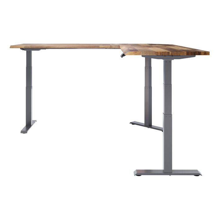 side view of an L-shape electric standing desk with a reclaimed wood finish top and slate legs image number 2