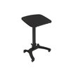 Three-quarter product view of the mobile laptop desk on a white background, showing the tilting black tabletop, adjustable-height center column, and four-star caster base.