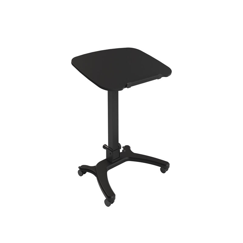 Three-quarter product view of the mobile laptop desk on a white background, showing the tilting black tabletop, adjustable-height center column, and four-star caster base. image number null