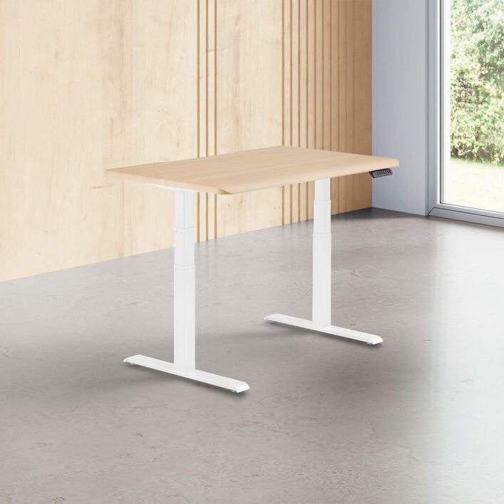 light wood finish standing desk top with white legs in a open office image number 0