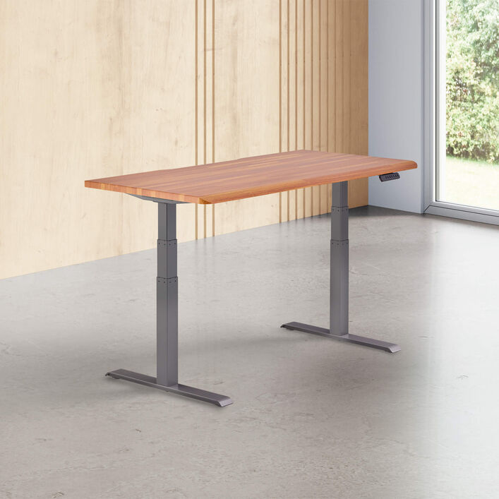 butcher block finish standing desk top with slate legs in a open office image number 0