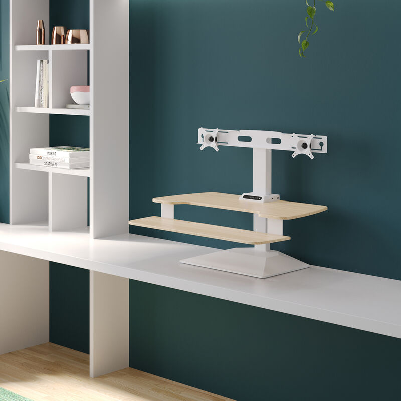varidesk electric dual monitor converter in light wood in a lowered position on desk  image number null