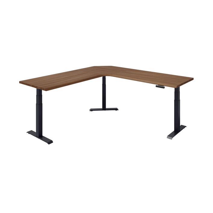 isolated image of a L-shape electric standing desk with a walnut finish top and black legs image number 1