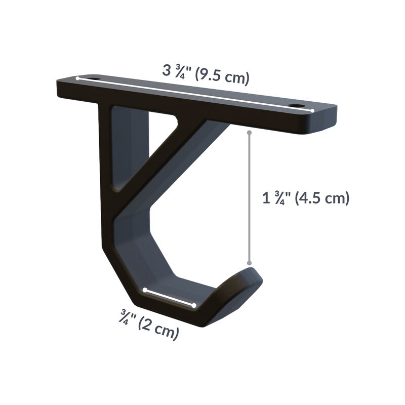 undermount bag hook has a depth three quarters of an inch and width of three and three quarters of an inch and a height of two and three quarters of an inch image number null