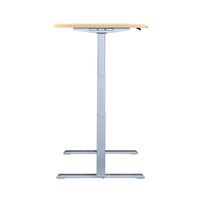 side view of an electric standing desk with a light wood finish top and silver legs image number 2