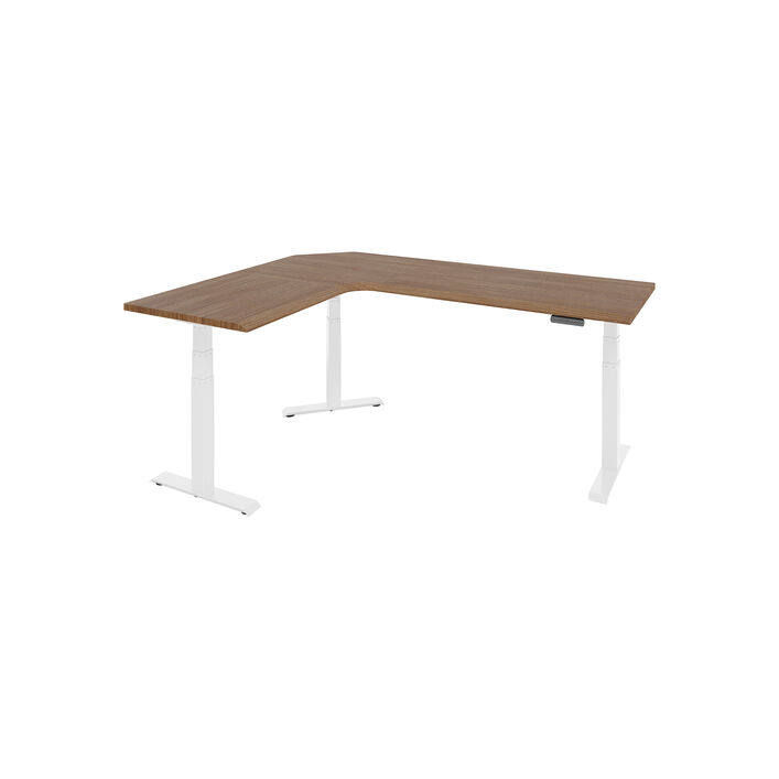 isolated image of a l shape electric standing desk with a walnut finish top and white legs image number 1