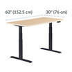 Electric Standing Desk 60x30 light wood base is 30 inches deep and 60 inches wide