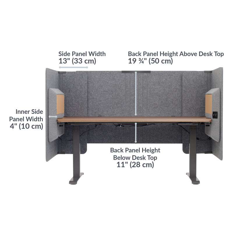 raised vari focus electric on desk with side panel of 13 inches, inner side panel of 19 3/4 inches, back panel height below desk of 4 inches, back panel height above desk of 19 inches  image number null