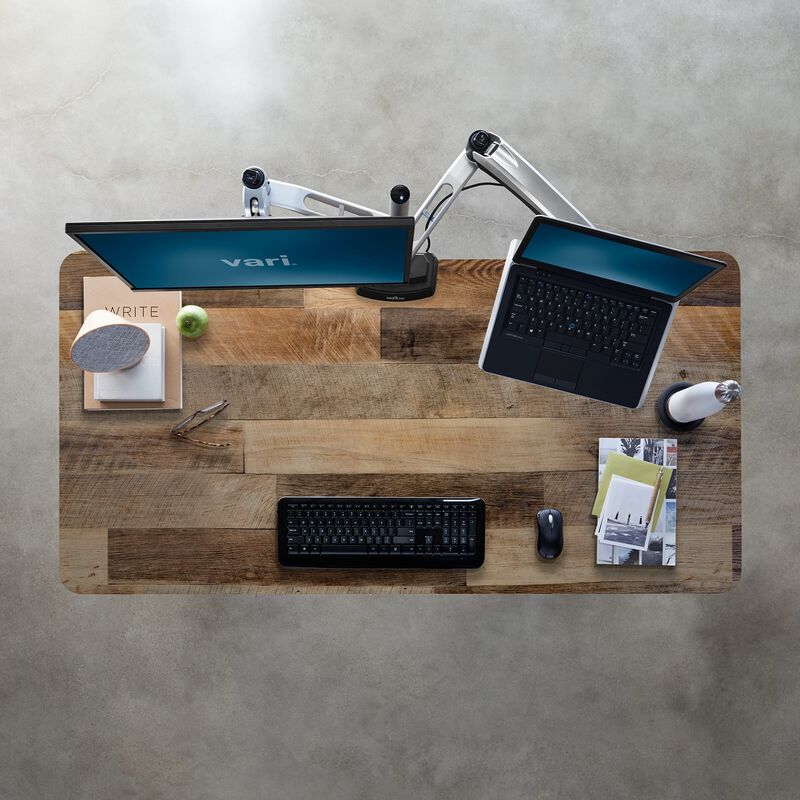 Overhead view of the top of the Electric Standing Desk 60x30 in reclaimed wood finish. image number null