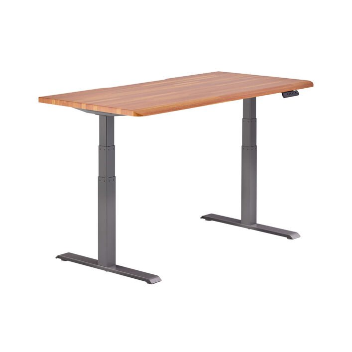 isolated image of a electric standing desk with a butcher block finish top and slate legs image number 1