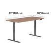 Electric standing desk 72x30 on walnut background with measurements