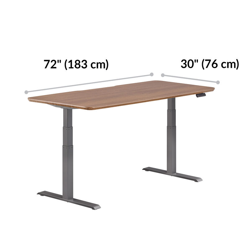 Electric standing desk 72x30 on walnut background with measurements image number null