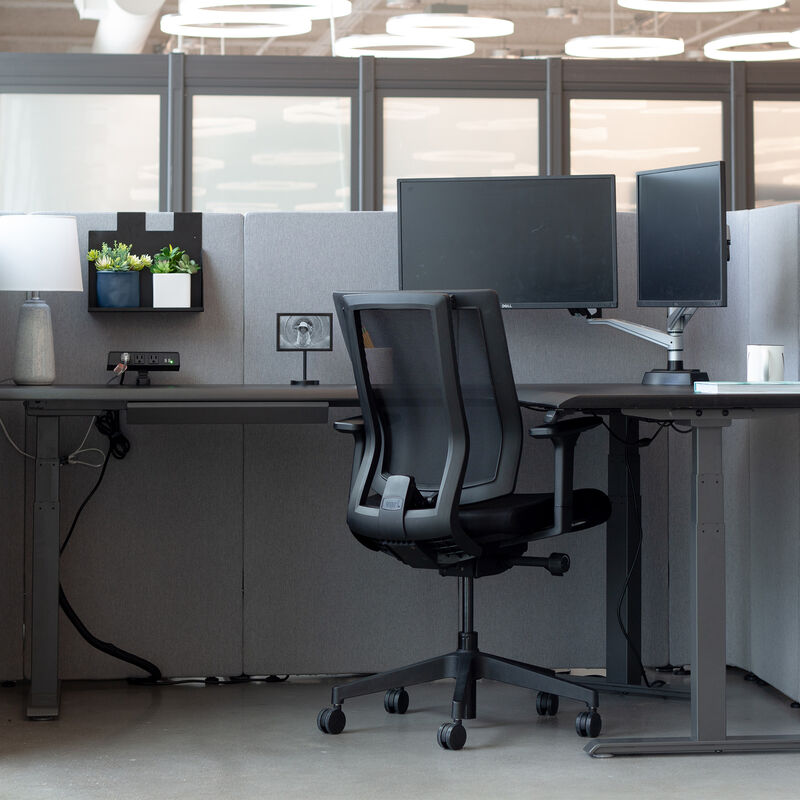 black finish l shape electric standing desk in an office workspace image number null