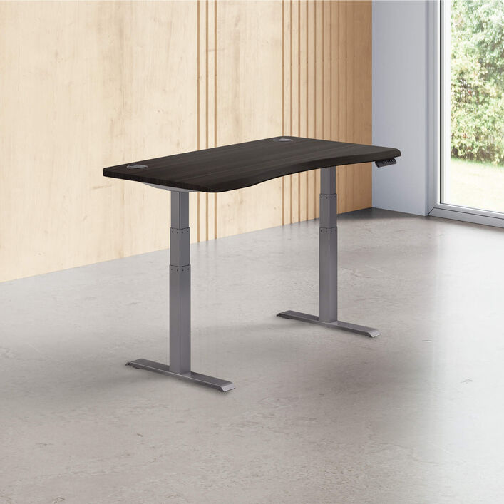 espresso wood finish standing desk top with slate legs in a open office image number 0