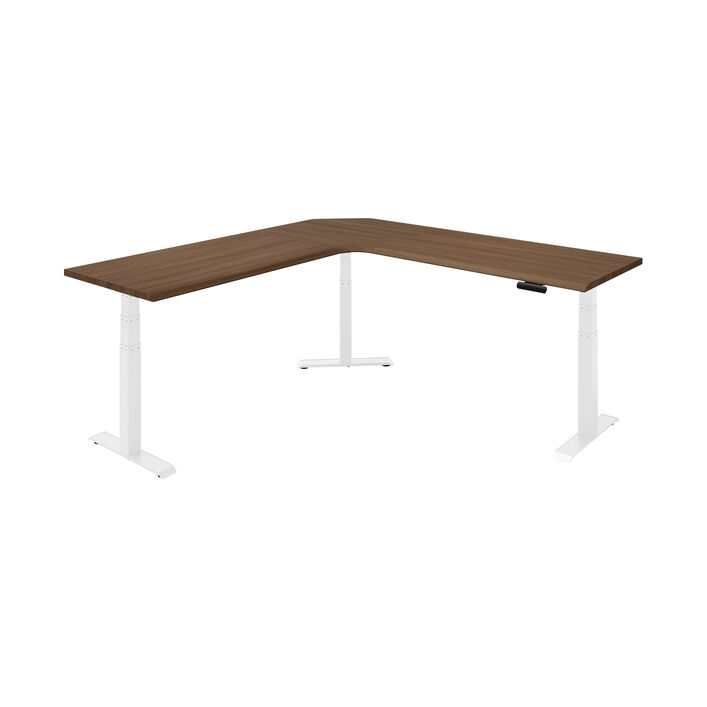 isolated image of a L-shape electric standing desk with a walnut finish top and white legs image number 1