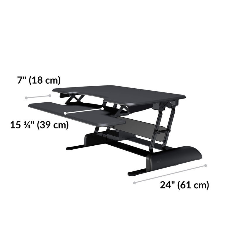 essential 36 foot is 24 inches deep while keyboard tray is 7 to 15 and a quarter inches. image number null