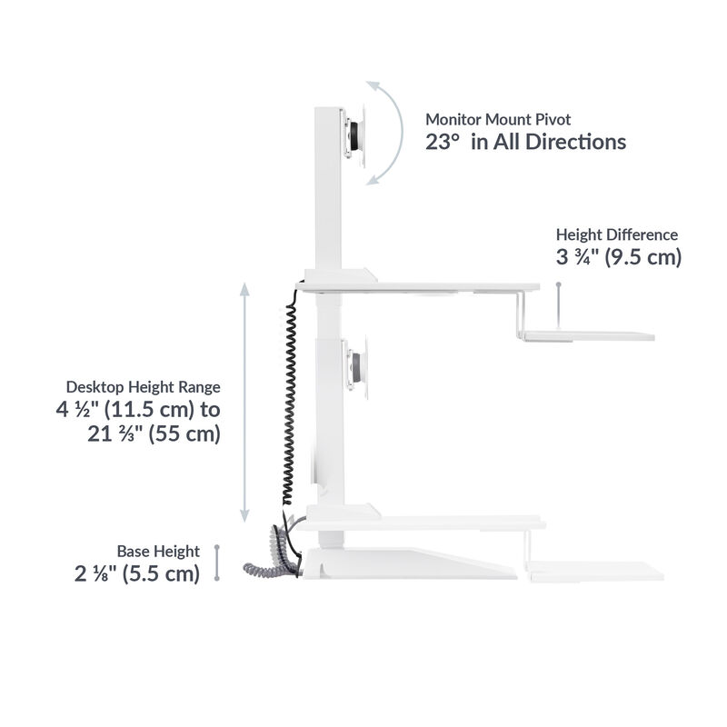 varidesk electric single monitor converter in light wood has a base height of 2.125 inches and a desktop height range of 4.5 inches to 21.33 inches with a 23 degree angle monitor mount in all directions image number null