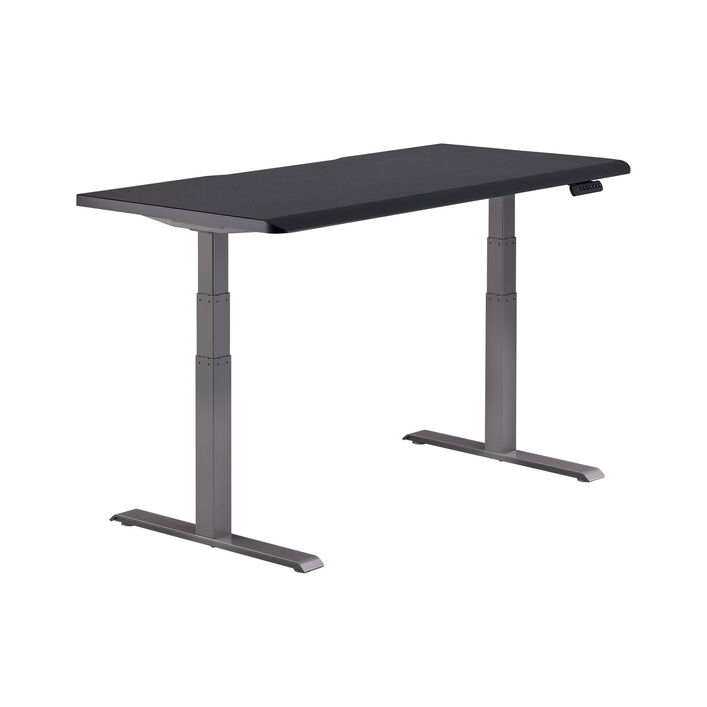 isolated image of a electric standing desk with a black top and slate legs image number 1