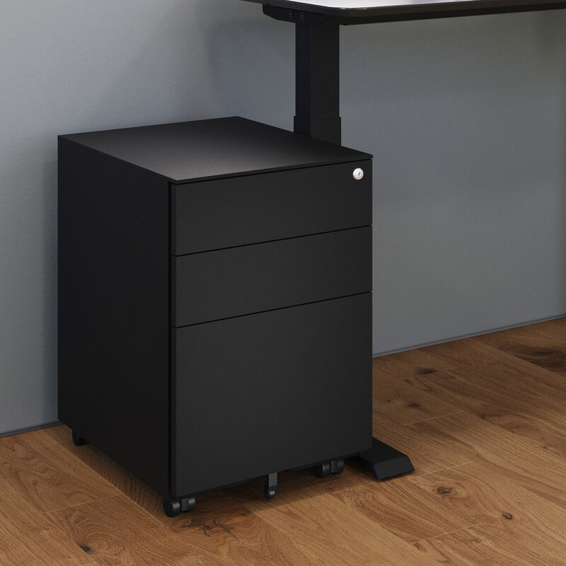 close up view of a black file cabinet in a office setting image number null