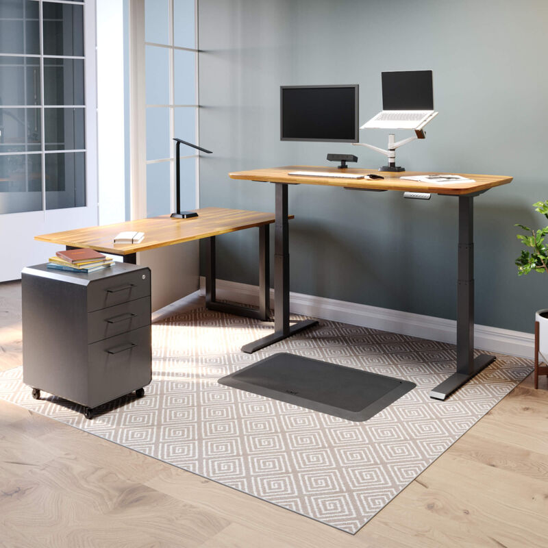 Home Office Complete Set, an Electric Standing Desk 60x30, table 60x24, Monitor Arm + Laptop Stand, Mat 34x20, Power Hub, File Cabinet and LED Task Lamp + Wireless Charger in a home office setting.  image number null