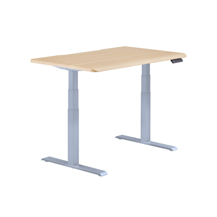 isolated image of a electric standing desk with a light wood finish top and silver legs image number 1