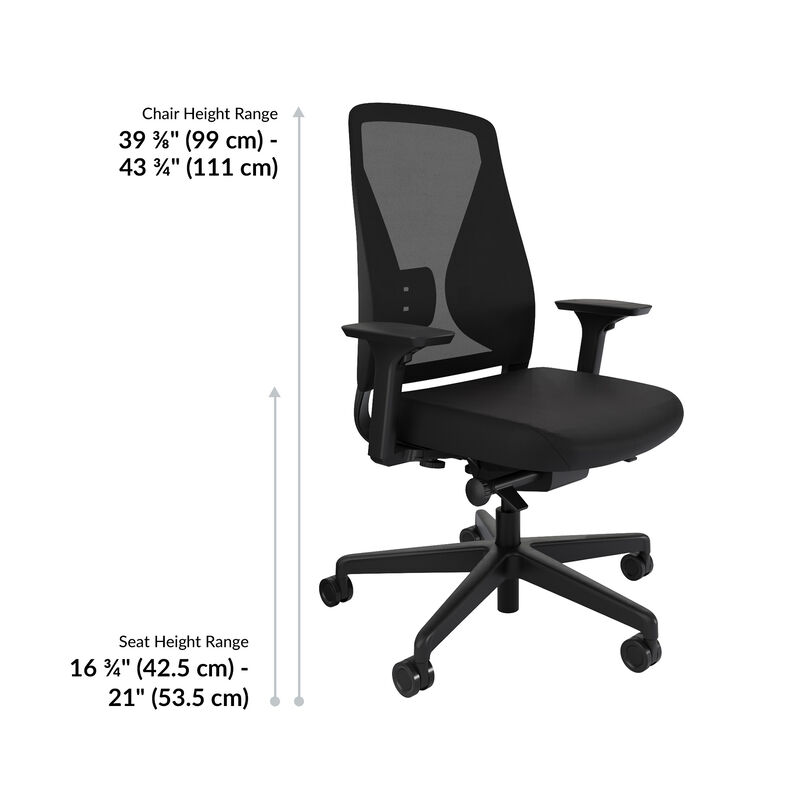 Black ergonomic office chair with mesh backrest and adjustable armrests, shown against a white background with labeled chair height range of 39 3/8" to 43 3/4" and seat height range of 16 3/4" to 21". image number null