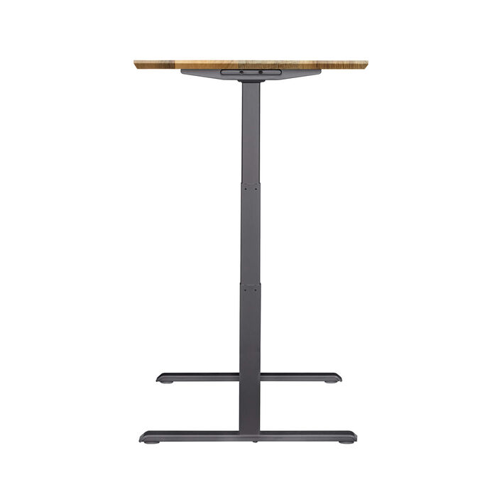 side view of an electric standing desk with a reclaimed wood finish top and slate legs image number 2