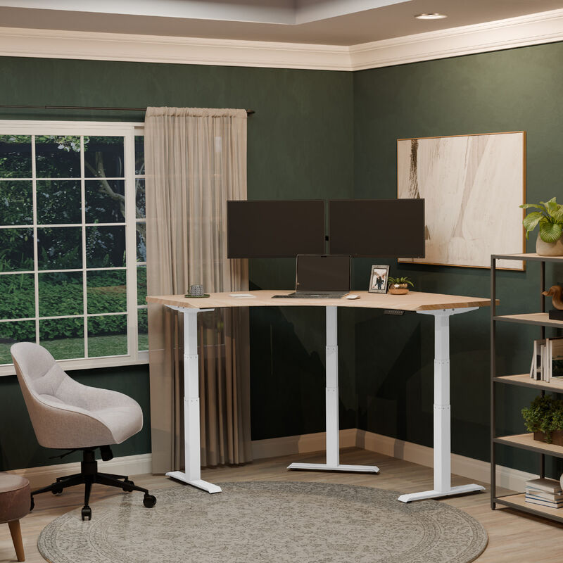 command center electric standing desk with a light wood desktop and white legs in a raised position  image number null