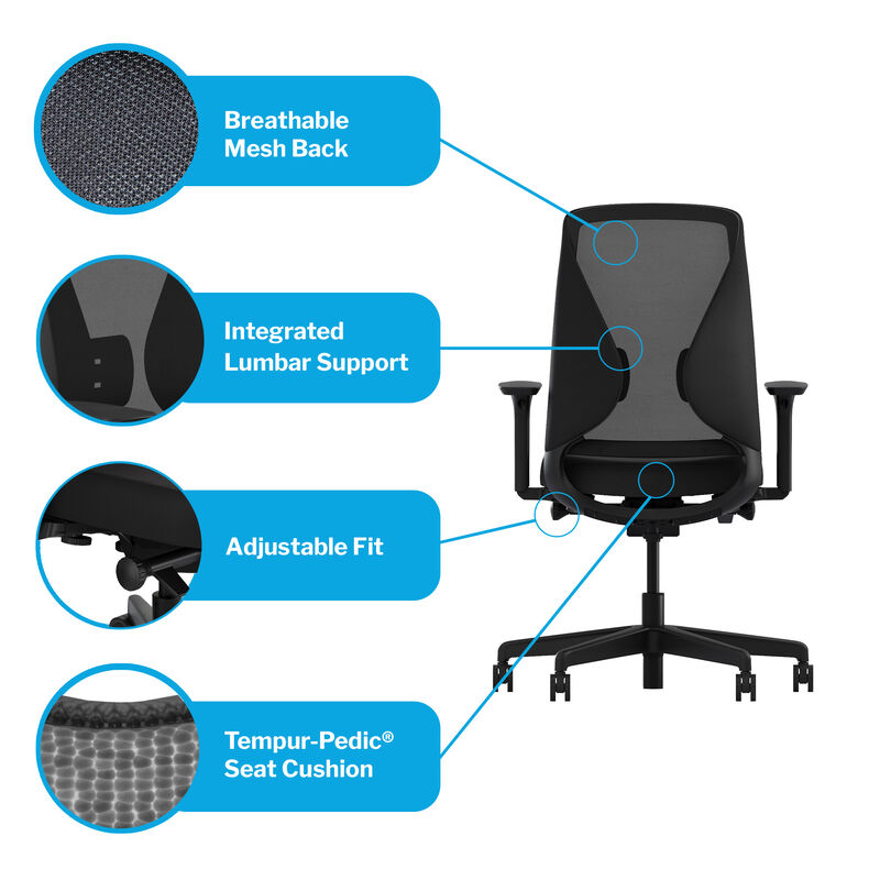 Black ergonomic Tempur-Pedic office chair from Vari with breathable mesh back, adjustable fit, integrated lumbar support and tempur-pedic seat cushion image number null