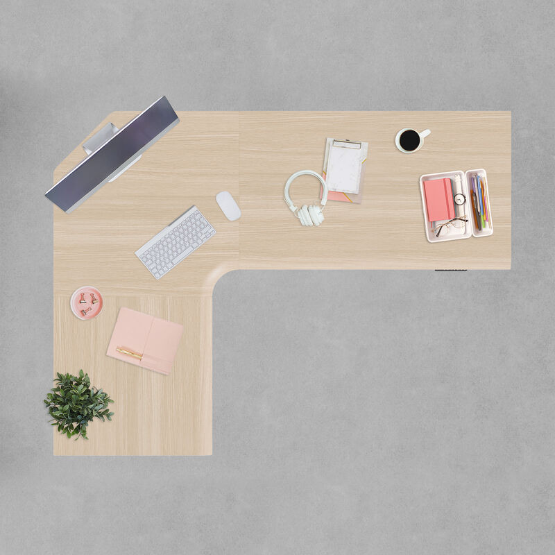overview image of light wood finish l shape electric standing desk with a left return image number null