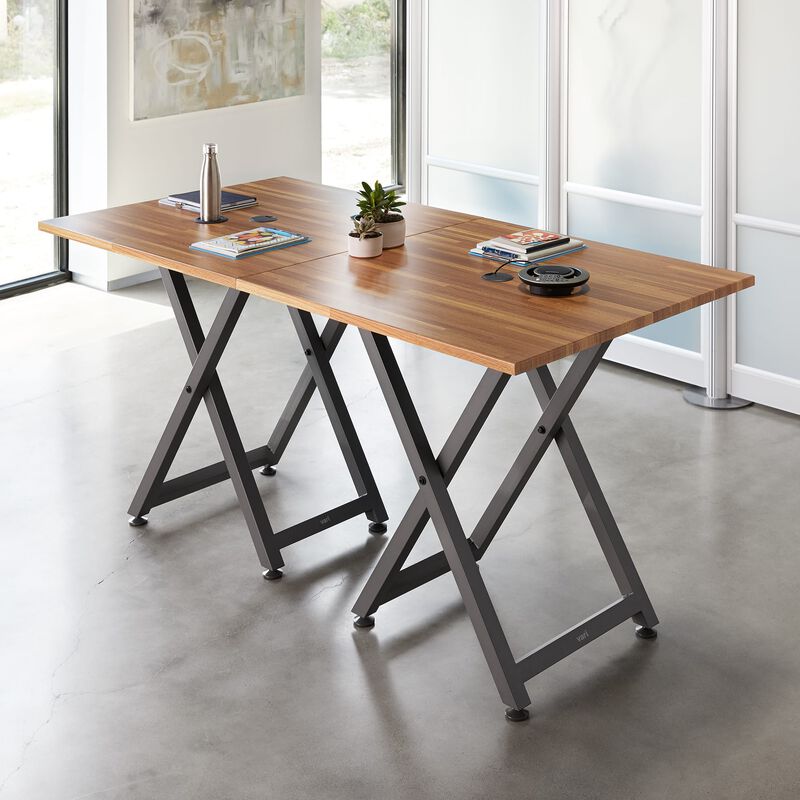 Two Standing Meeting Tables Butcher Block joined together in office image number null