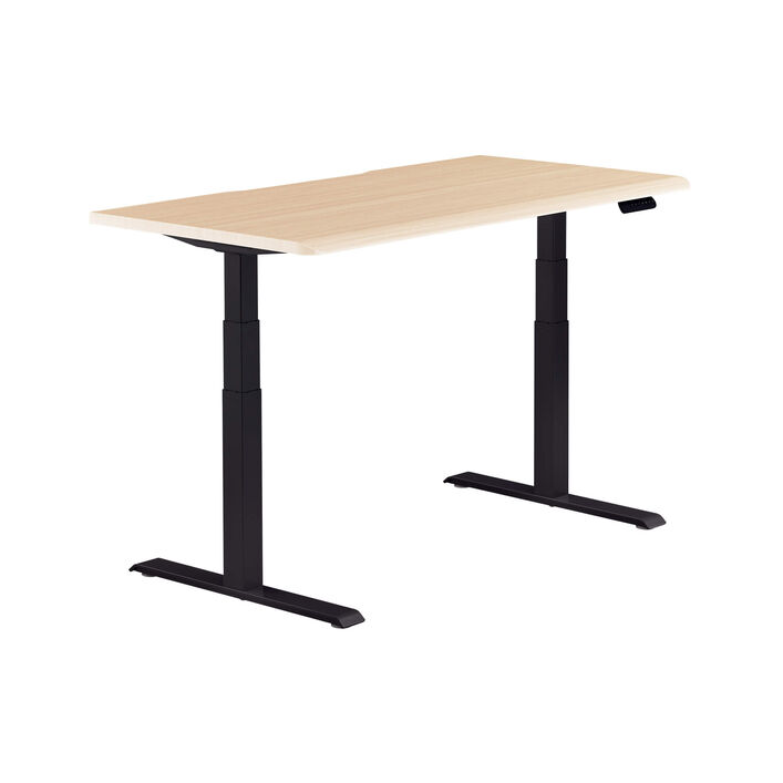 isolated image of a electric standing desk with a light wood finish top and black legs image number 1
