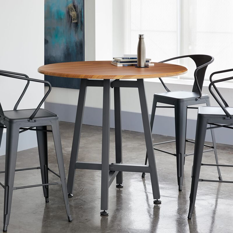 Standing Round Table Butcher Block shown with three chairs in office image number null