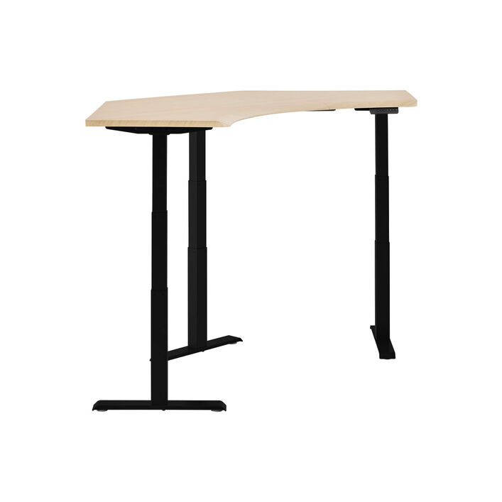 side view of an electric standing desk with a light wood finish top and black finish legs image number 2