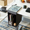 overhead view of hanging desk cubby on electric standing desk