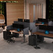 privacy desk surround 72 in light grey felt on an electric standing desk in walnut finish workspace