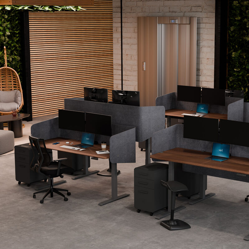 privacy desk surround 72 in light grey felt on an electric standing desk in walnut finish workspace image number null