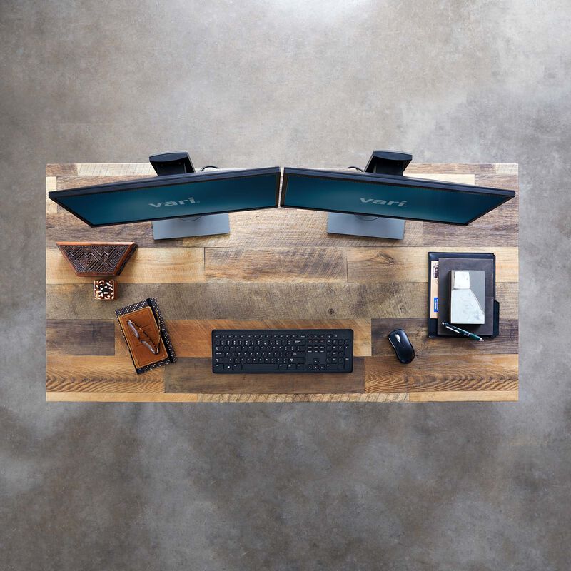 overhead view of reclaimed wood standing work table 60x30 in office setting image number null