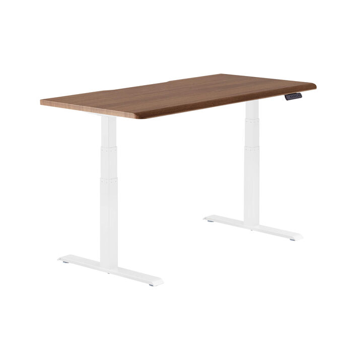 isolated image of a electric standing desk with a walnut wood finish top and white legs image number 1