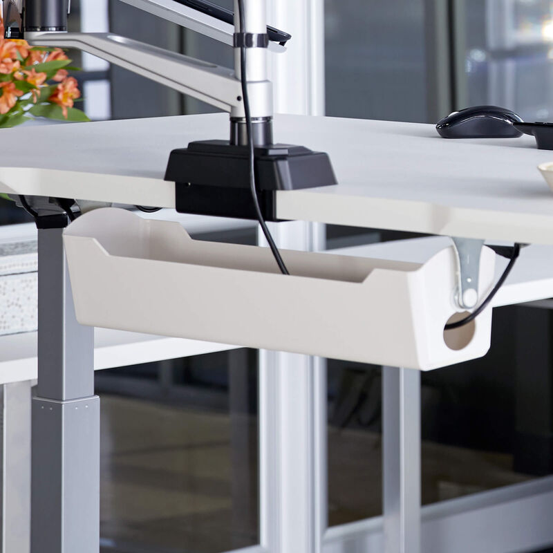 Cable Management Tray in White attached to the Vari Electric Standing Desk in office image number null