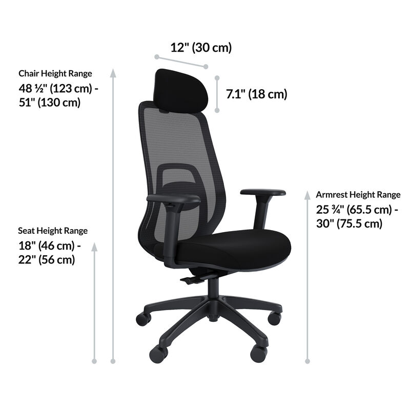 Headrest twelve inches wide, adjustable seven and one-tenth inches; chair height forty-eight and one-half to fifty-one inches; seat height eighteen to twenty-two inches; armrests twenty-five and three-quarters to thirty inches. image number null