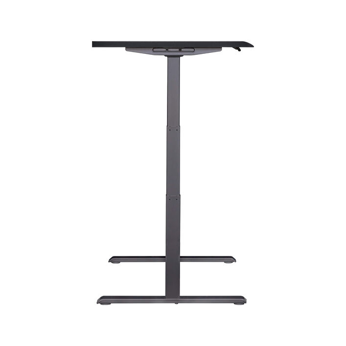 side view of an electric standing desk with a black top and slate legs image number 2